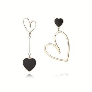 NEW Black & Gold Asymmetrical Heart Earrings Trendy Dangle Chain Jewelry